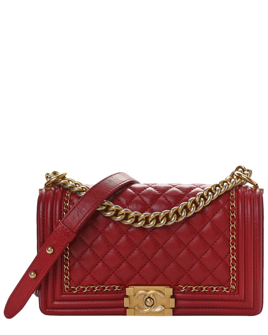 Pre-owned Chanel Red Quilted Aged Calfskin Leather Medium Jacket Boy Flap Bag (authentic )