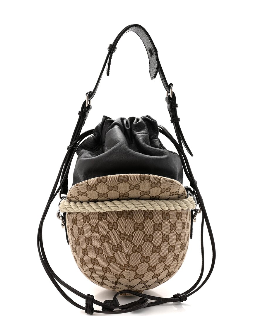Gucci Brown Gg Canvas Coated Canvas Gg Monogram Equestrian Bucket Bag (authentic )