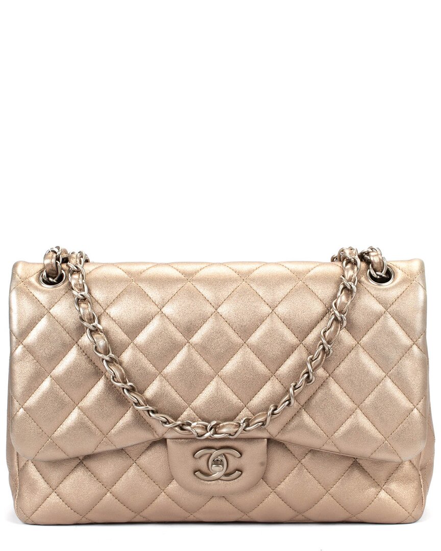 Pre-owned Chanel Gold Leather Metallic Jumbo Double Flap Classic Quilted Handbag (authentic Pre-loved)