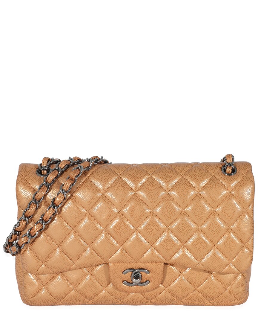 Pre-owned Chanel Gold Caviar Jumbo Double Flap Handbag (authentic Pre-loved)