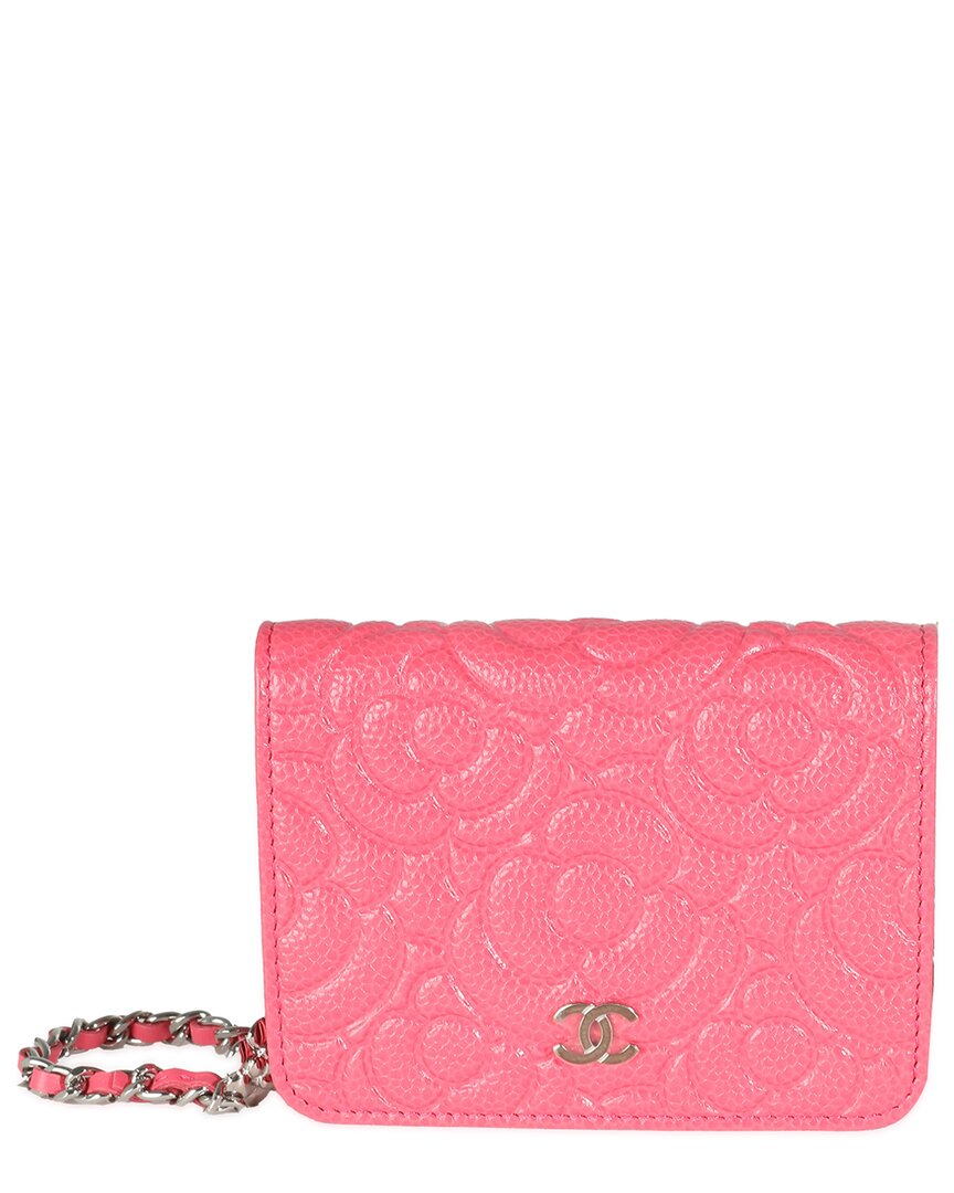 Pre-owned Chanel Pink Leather Camellia Embossed Chain Belt Bag (authentic Pre-loved)