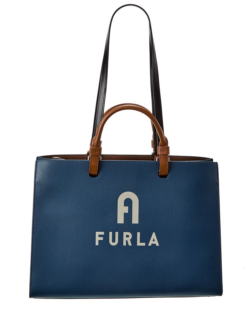 Furla Varsity Style Large E/w Leather Tote In Blue