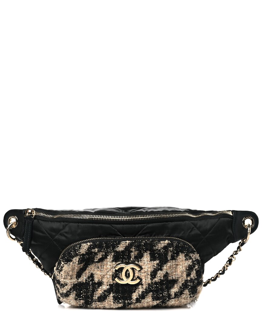 Pre-owned Chanel Beige Black Nylon Quilted Banane Waist Bag Fanny Pack (authentic Pre-loved)