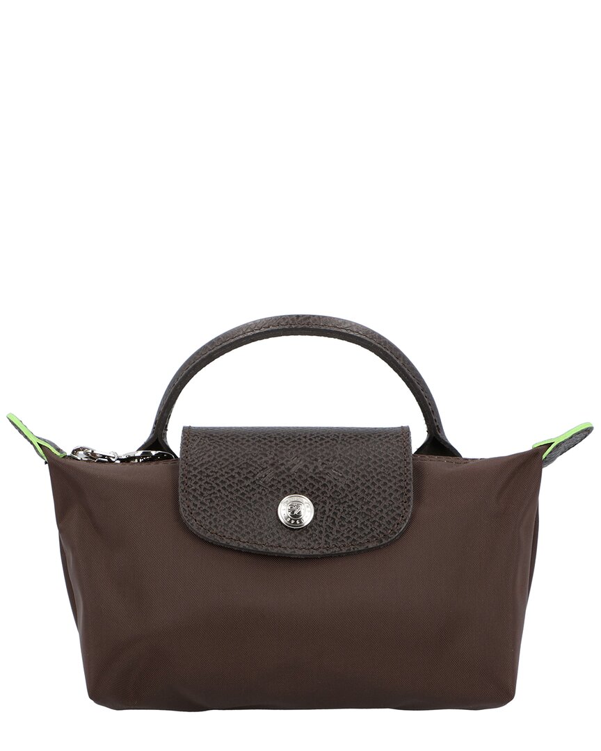 Longchamp Le Pliage Green Canvas Pouch With Handle In Brown