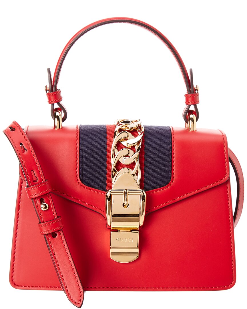 Gucci Sylvie Mini Leather Top Handle Shoulder Bag In Burgundy