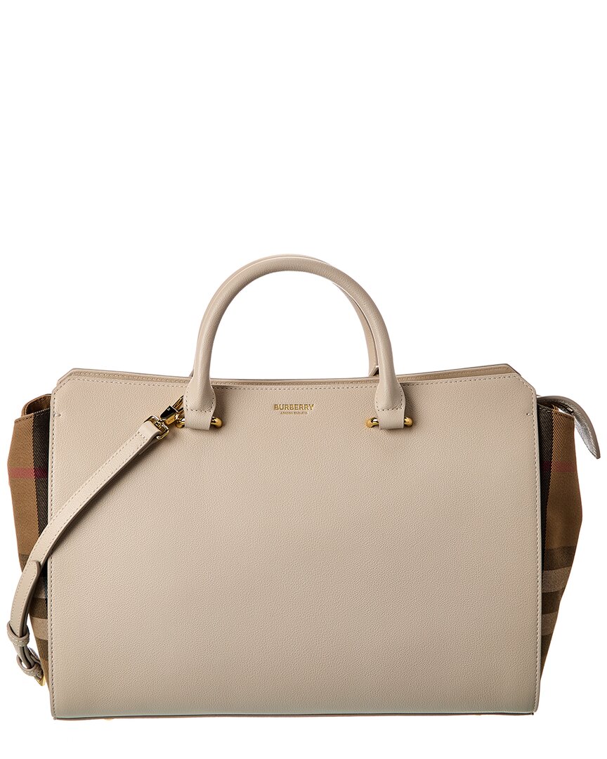 Burberry Banwell Medium Leather & Check Canvas Satchel In Gray
