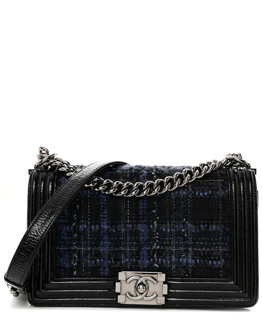 Pre-owned Chanel Blue Patent Leather Patent Tweed Medium Boy Flap (authentic Pre-loved)
