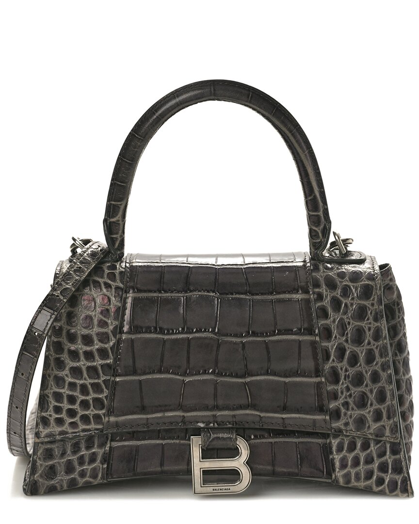 Balenciaga Grey Croc-embossed Calfskin Leather Shiny Small Hourglass Top  Handle Bag (authentic Pre-