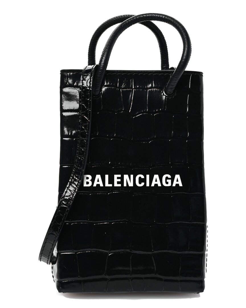 Balenciaga Black Croc-embossed Calfskin Leather Logo Shopping Phone Holder Bag  (authentic Pre-loved