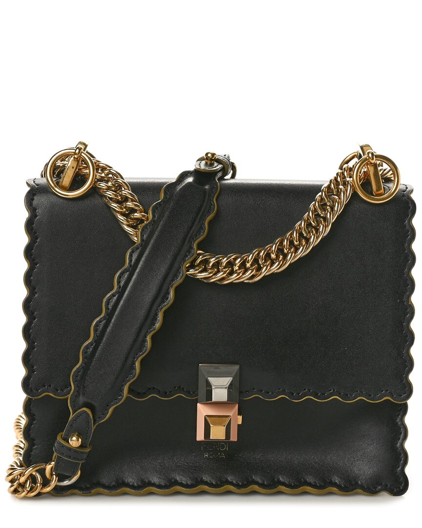 Fendi Black Vitello Liberty Leather Scalloped Studded Small Kan I Shoulder Bag (authentic Pre-loved In Black