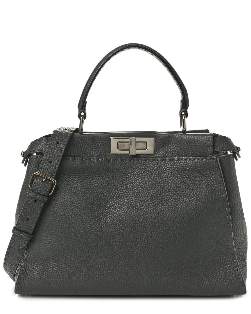 Fendi Asphalt Selleria Leather Bi-color Medium Peekaboo Iconic Satchel (authentic Pre-loved)