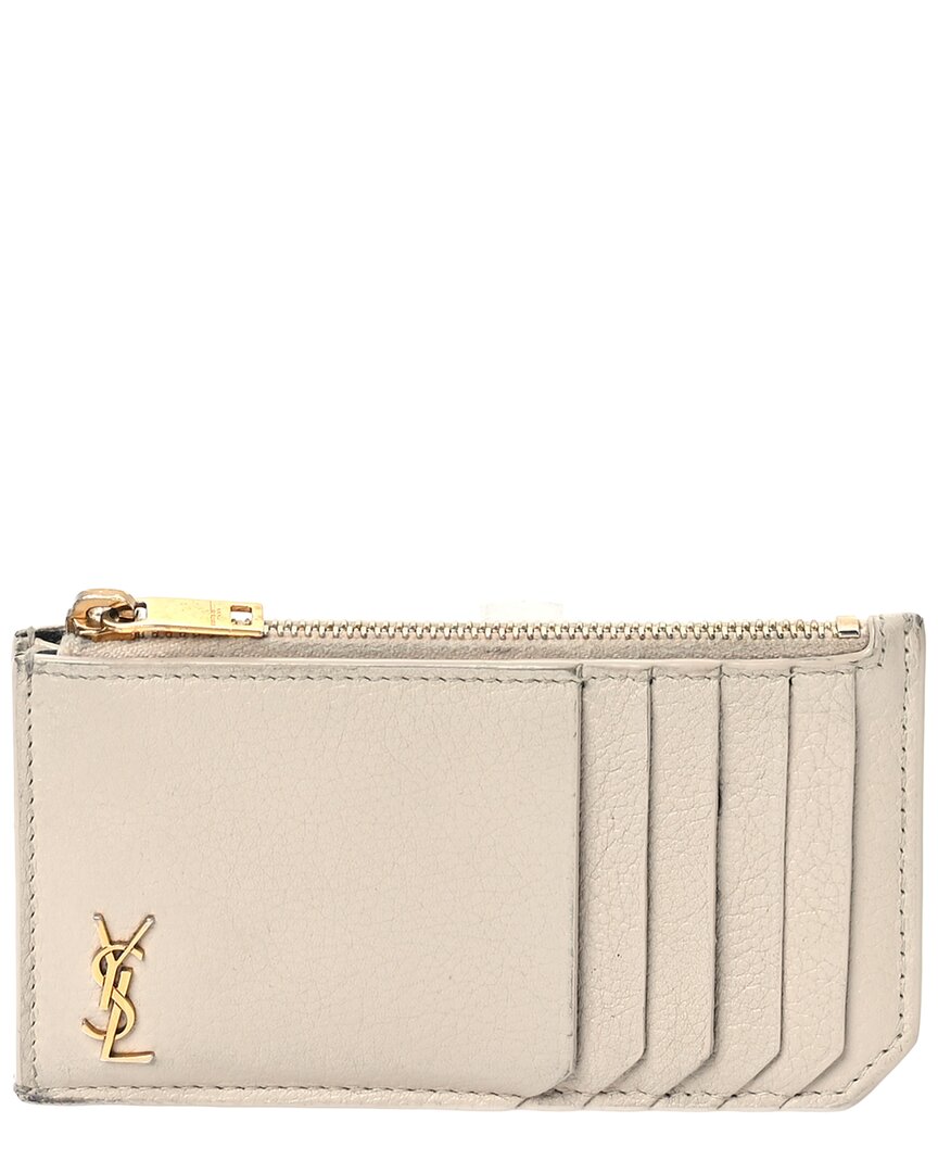 Saint Laurent Beige Grained Calfskin Leather Monogram 5 Fragments Zip Pouch  Card Holder (authentic