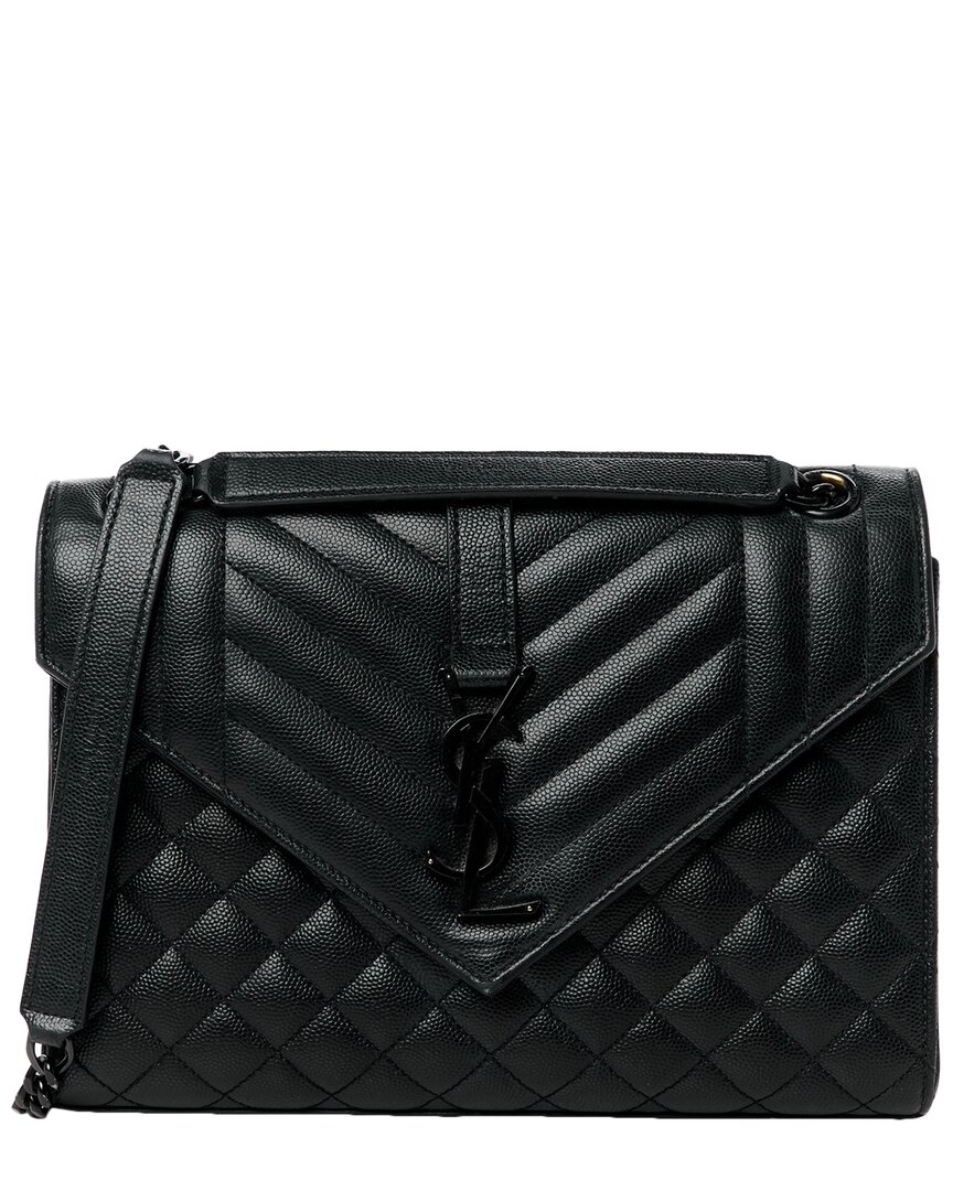 Saint Laurent Black Grain De Poudre Leather Textured Mixed Triquilt Medium  Monogram Monochrome Satc
