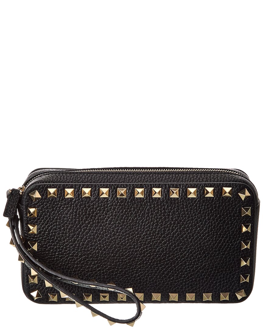 Valentino Rockstud Grainy Leather Clutch In Black