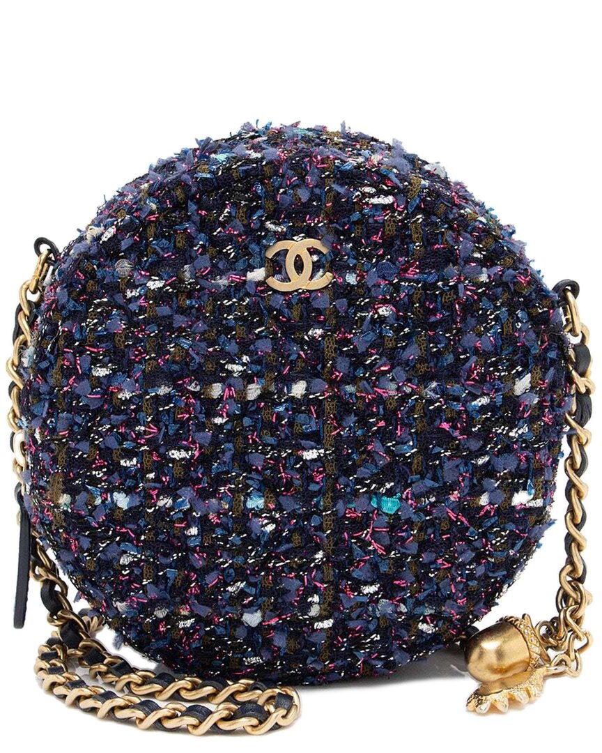 Pre-owned Chanel Blue Leather Tweed Cc Round Clutch With Chain (authentic Pre-loved)