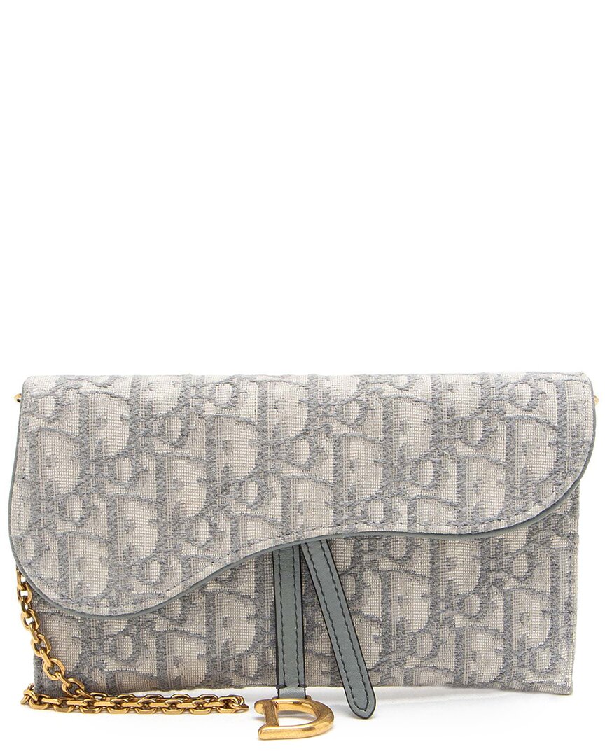 Dior Grey Leather Oblique Small Saddle Pouch With Chain (authentic Pre-loved)
