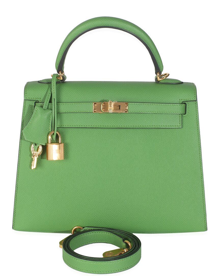 Pre-owned Hermes Hermès Green Epsom Sellier Leather Kelly 25 Ghw (authentic Pre-loved)