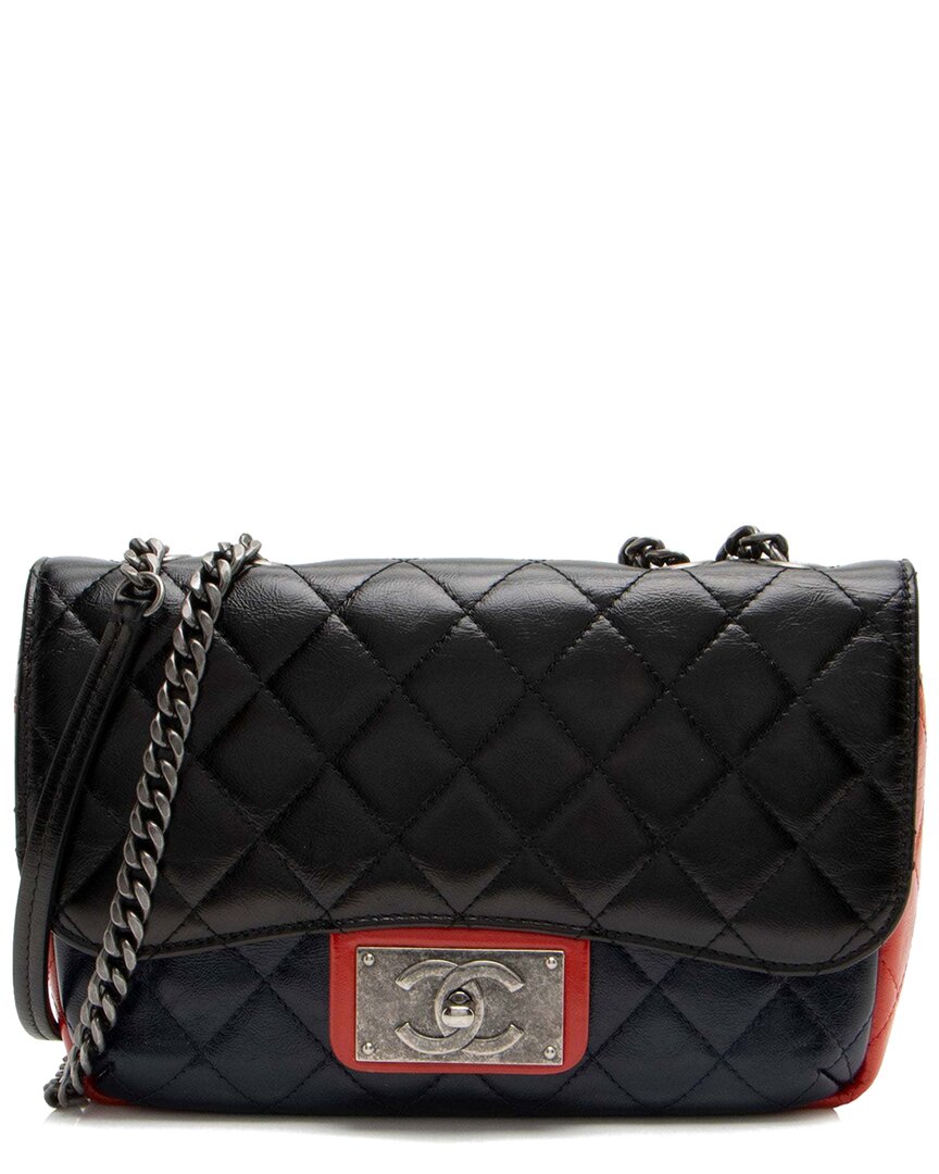 Pre-owned Chanel Black Calfskin Glazed Cc Plate Medium Flap Bag (authentic Pre-loved)