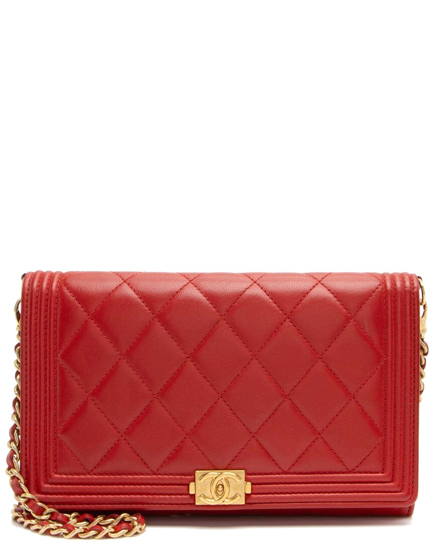 Pre-owned Chanel Red Lambskin Boy Clutch On Chain (authentic Pre-loved)