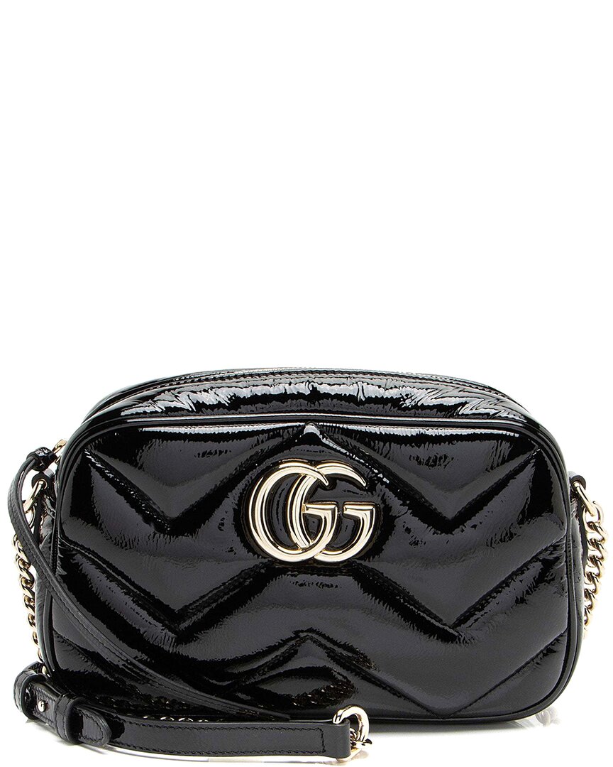 Gucci Black Matelasse Patent Leather Padded Gg Marmont Small Camera Bag (authentic Pre-loved)