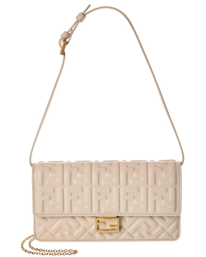 Fendi Dnu Inv  Baguette Ff Leather Wallet On Chain In White