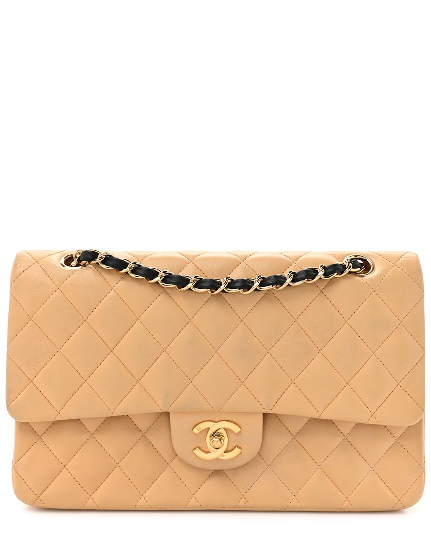 Pre-owned Chanel Beige Black Lambskin Leather Classic Double Flap Ghw (authentic Pre-  Loved)