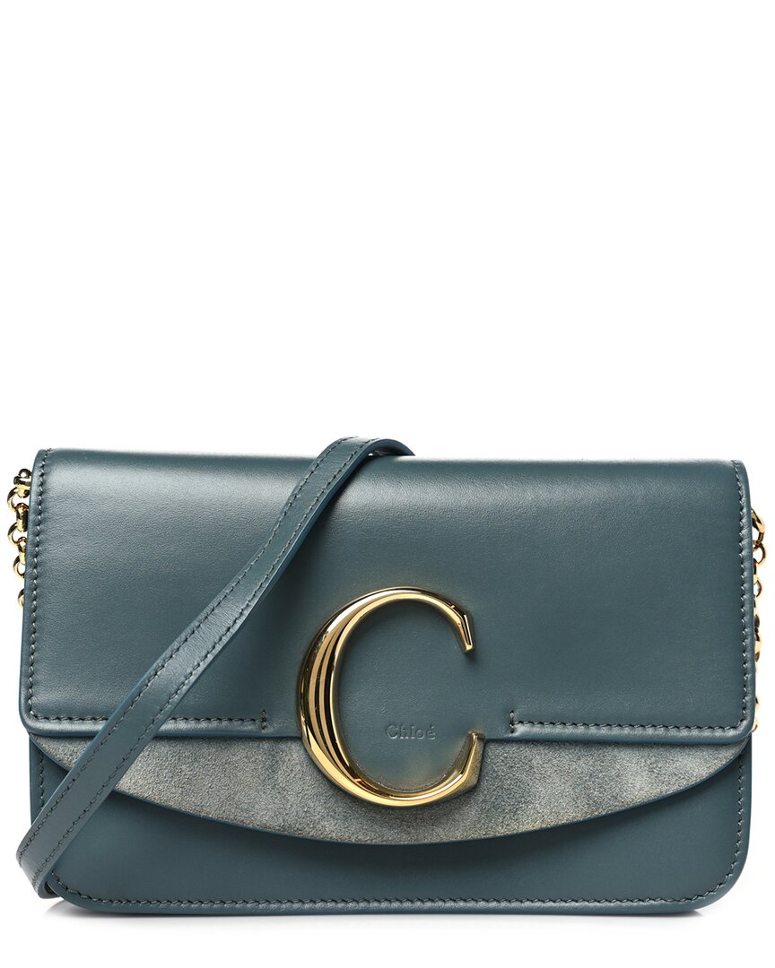 Chloé Blue Calfskin Leather C Clutch With Chain (authentic Pre-loved)