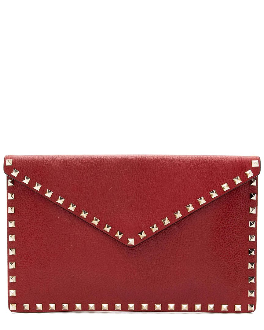 Valentino Red Leather Rockstud Envelope Flap Clutch (authentic Pre-loved) In Red