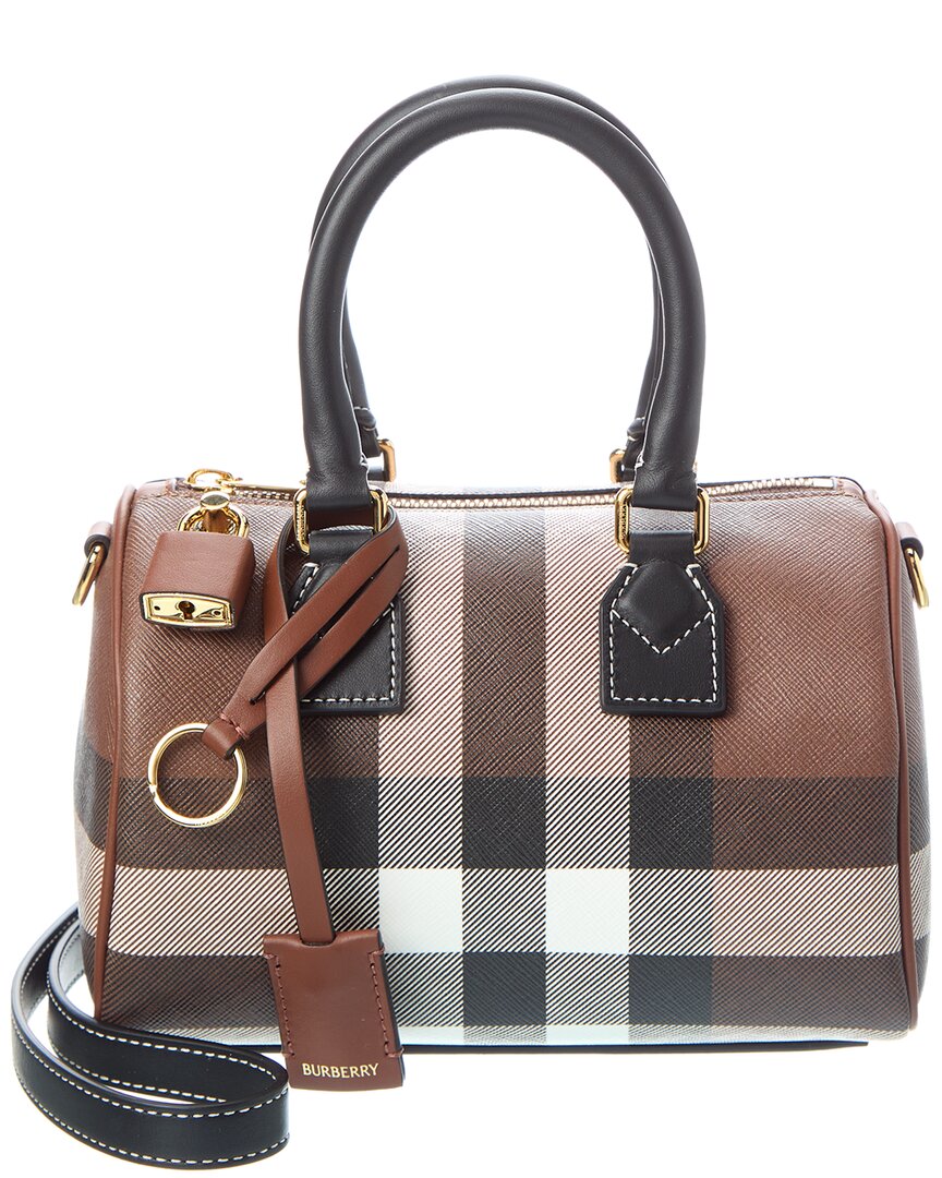 Burberry Womens Dark Birch Brown Chk Check-print Mini Woven And Leather Top-handle Bowling Bag In Brown