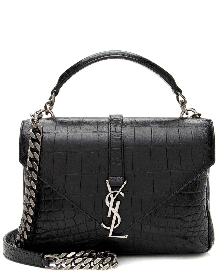 Saint Laurent Black Croc-embossed Calfskin Monogram College Medium Shoulder Bag (authentic Pre-love