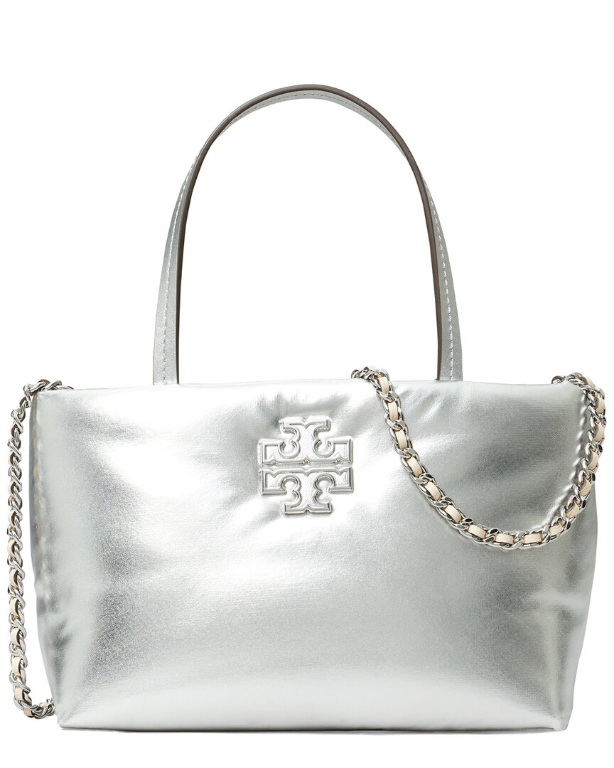 Tory Burch Britten Metallic Puffy Mini Tote In Silver