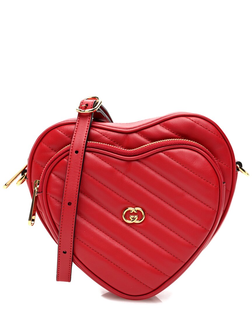 Gucci Hibiscus Red Matelasse Calfskin Leather Diagonal Mini Interlocking G Heart Shoulder Bag (auth