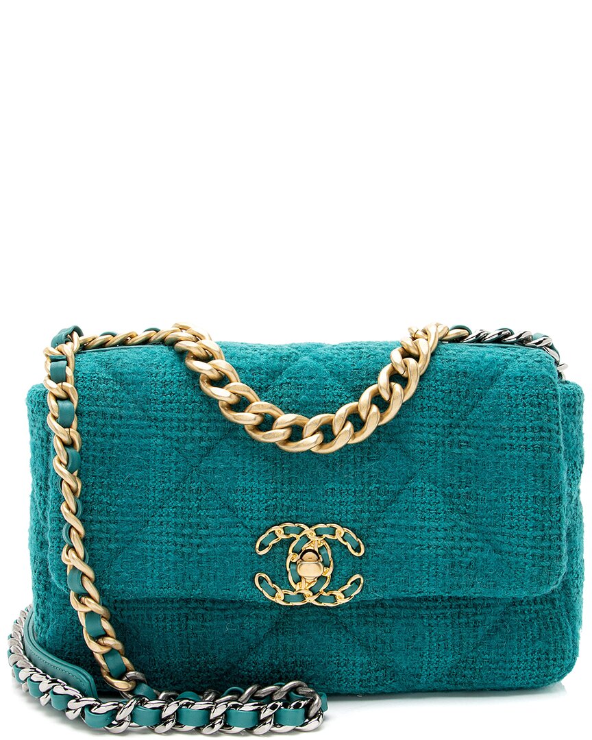 Pre-owned Chanel Green Leather & Tweed 19 Medium Flap Shoulder Bag (authentic Pre-loved)