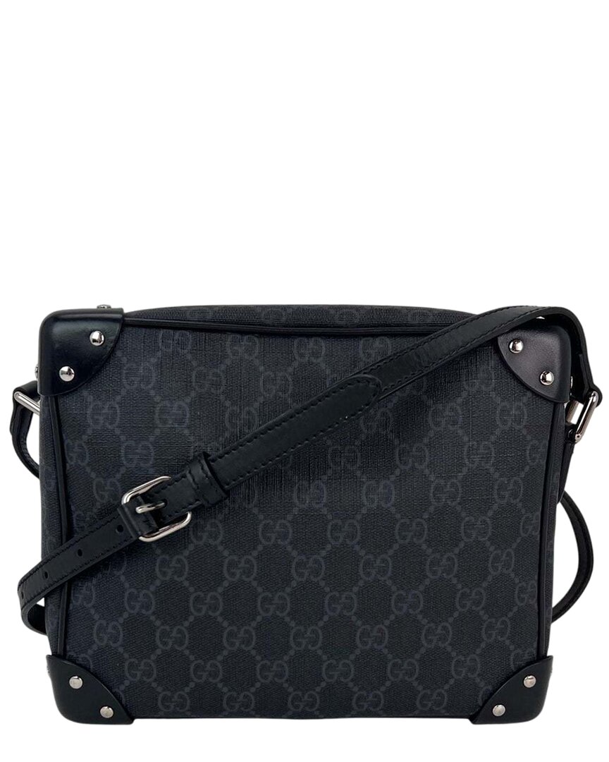 Gucci Black Gg Supreme Canvas Black Selleria Square Messenger Bag (authentic Pre-loved) In Black