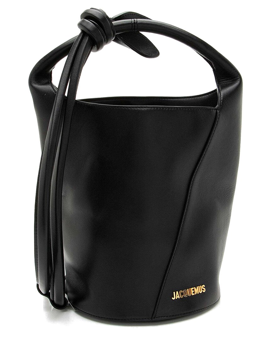 Jacquemus Structured Cylindrical Black Leather Tote With Adjustable Strap In Black