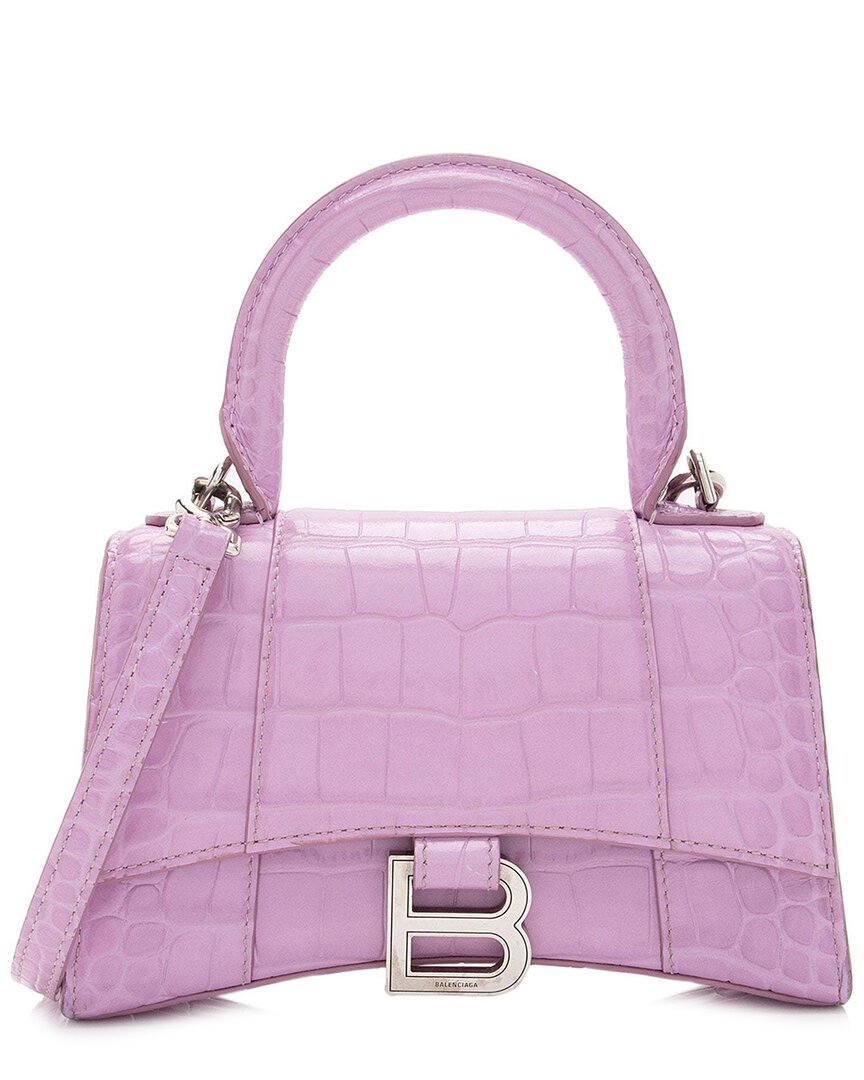 Balenciaga Pink Shiny Croc-embossed Calfskin Leather Hourglass Xs Satchel (authentic Pre-loved) In Purple