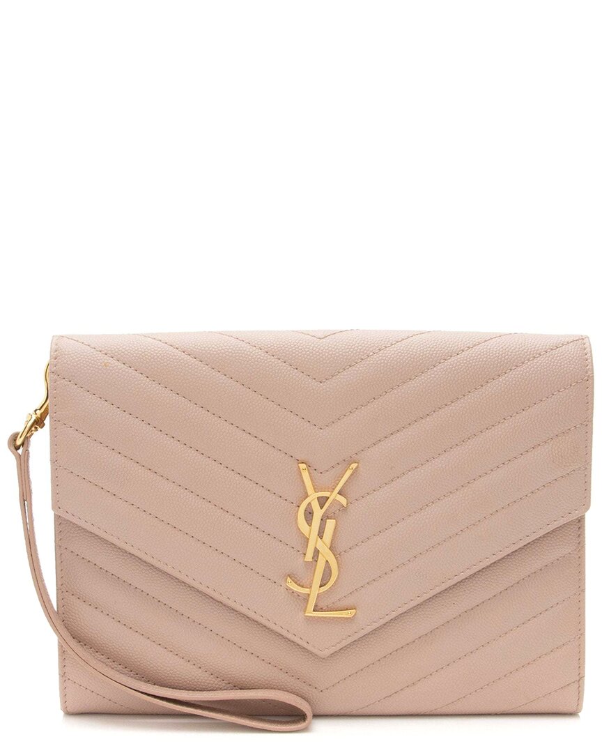 Saint Laurent Pink Matelasse Leather Grain De Poudre Monogram Envelope Pouch (authentic Pre-loved)