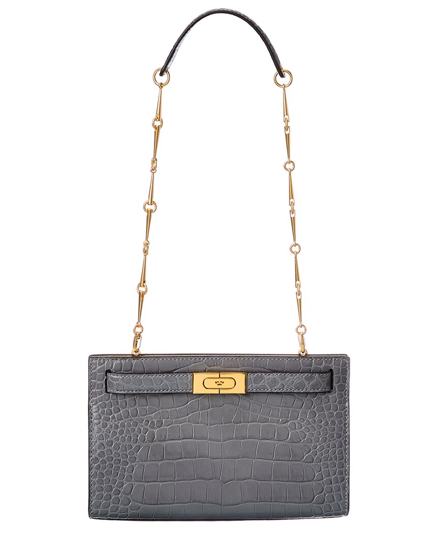 Tory Burch Lee Radziwill Large Croc-embossed Leather Crossbody In Grey