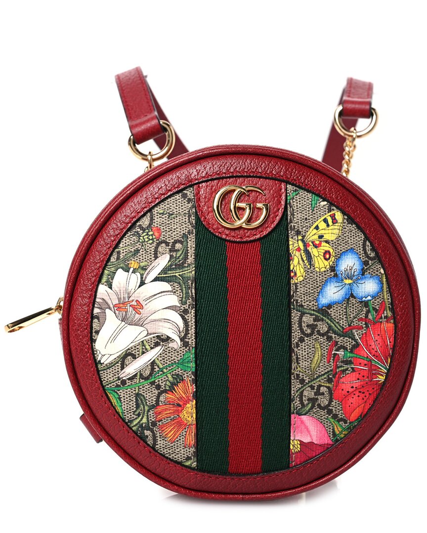 Gucci Red Gg Blooms Coated Canvas Web Flora Mini Ophidia Round Backpack (authentic Pre-loved)