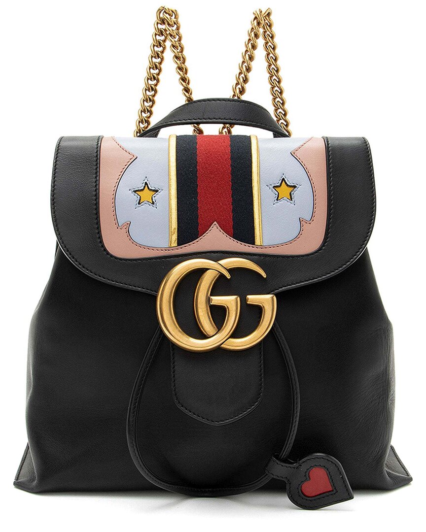 Gucci Black Leather Gg Marmont Web Heart Star Flap Chain Backpack (authentic  Pre-loved)