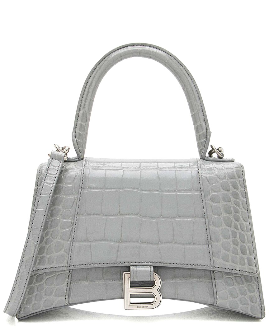 Balenciaga Grey Shiny Croc-embossed Calfskin Hourglass Small Top Handle  (authentic Pre-loved) In Gray