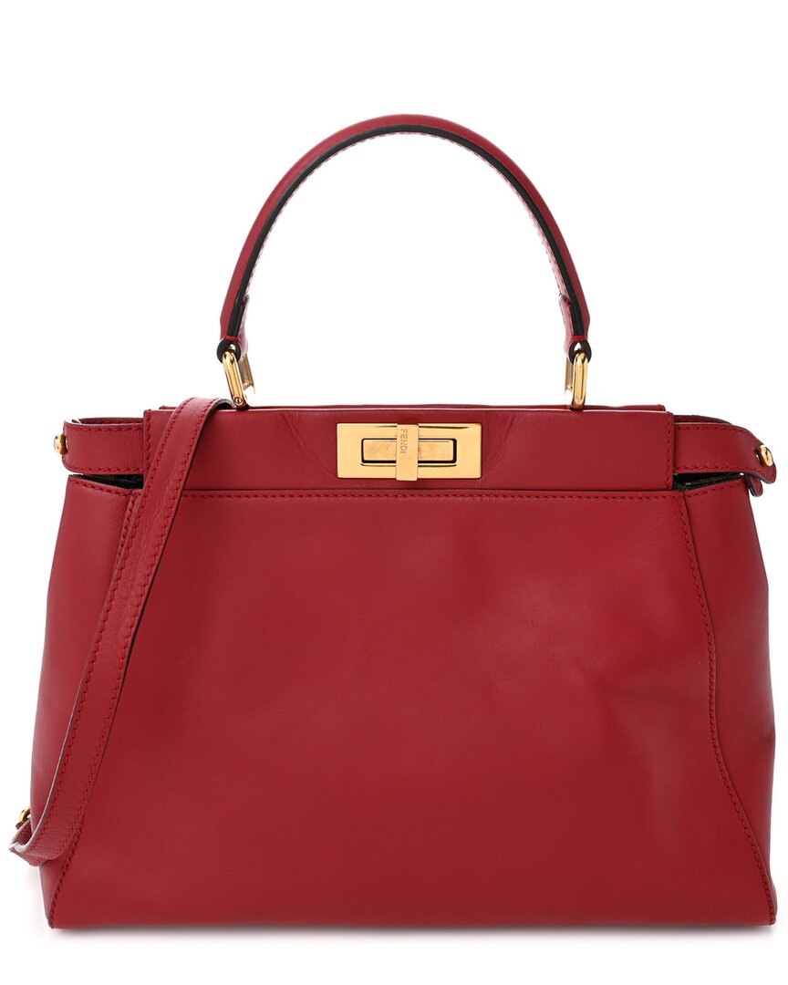Fendi Black Vitello Morgan Lamb Leather Jacquard Pequin Medium Peekaboo Iconic Satchel (authentic Pr In Red