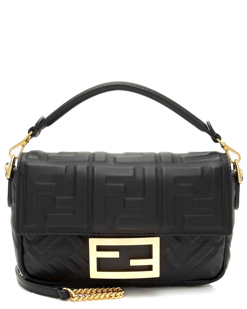 Fendi Black Leather Ff Embossed 1974 Mini Baguette Shoulder Bag (authentic  Pre-loved) In Black