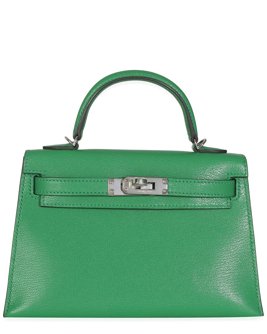 Pre-owned Hermes Hermès Green Leather Chamkila Chevre Bamboo Mini Sellier Kelly 20 Ii Phw  (authentic Pre-loved)