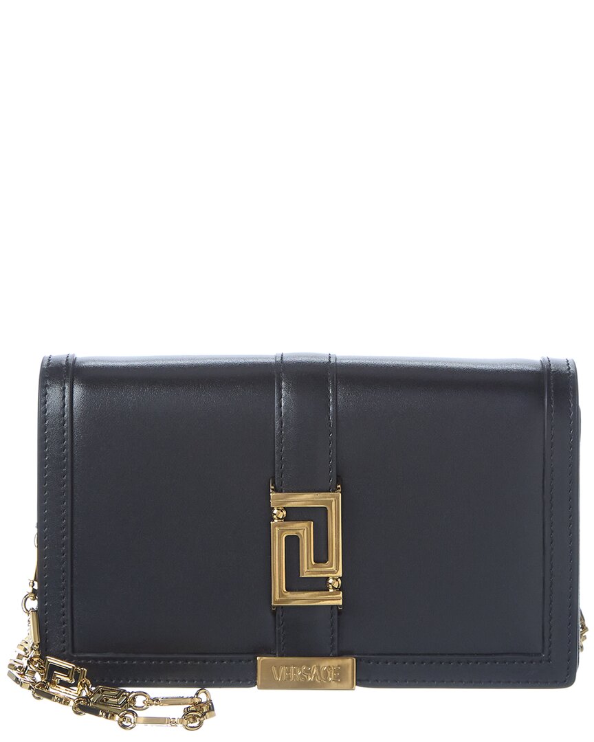Versace Greca Mini Leather Wallet On Chain In Black