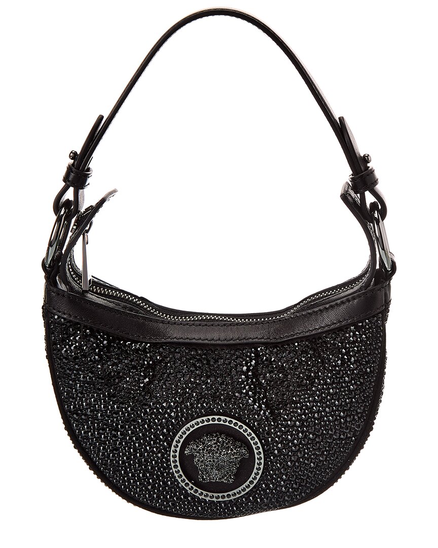 Versace Crystal Repeat Mini Silk Hobo Bag In Black