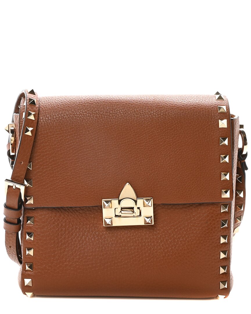 Valentino Garavani Valentino Brown Pebbled Calfskin Leather Rockstud Flip Lock Flap Messenger  (authentic Pre-loved)