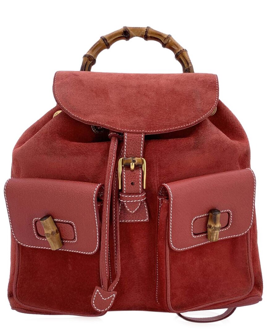 Gucci Red Suede Bamboo Backpack (authentic Pre-loved) In Red