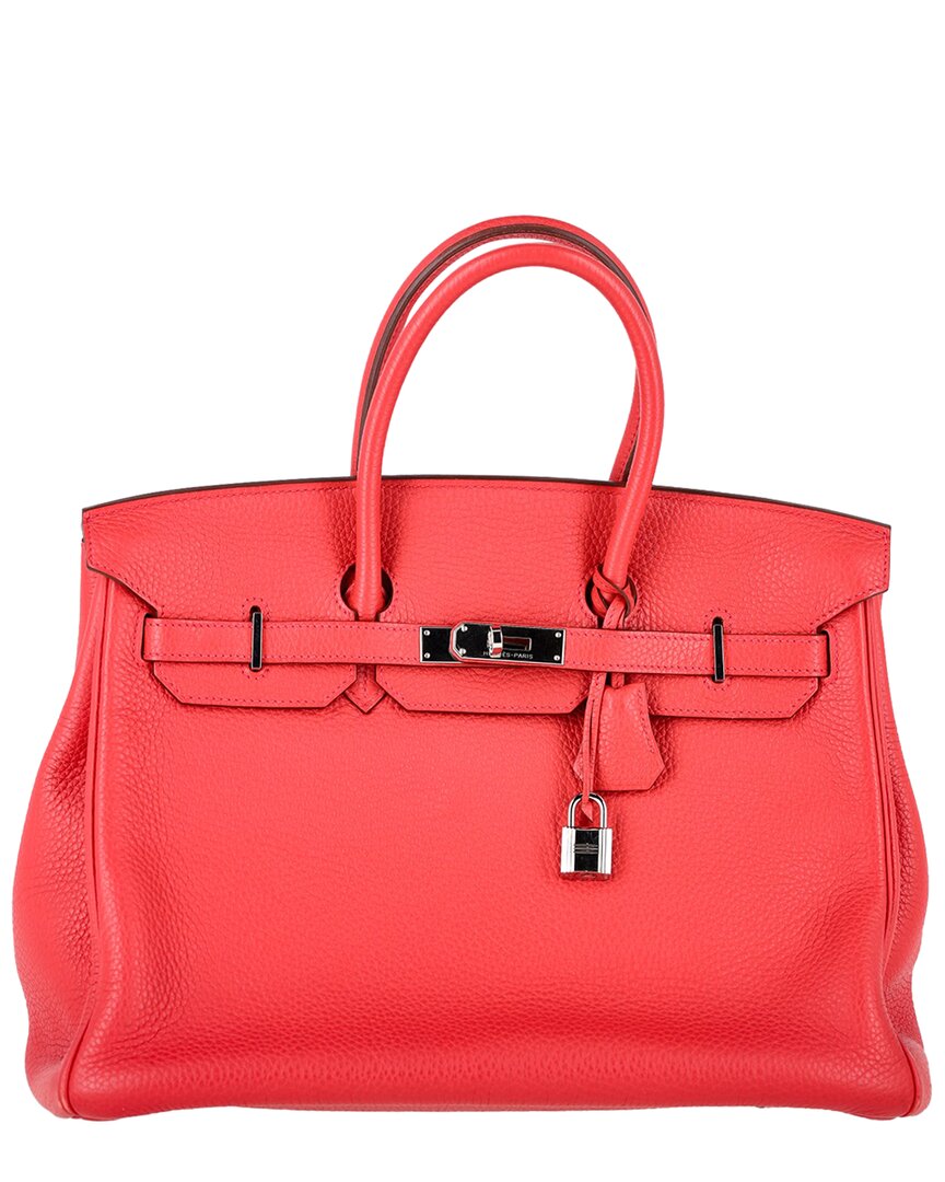 Pre-owned Hermes Hermès Red Leather Palladium-plated Birkin 35 Bag (authentic Pre-loved)