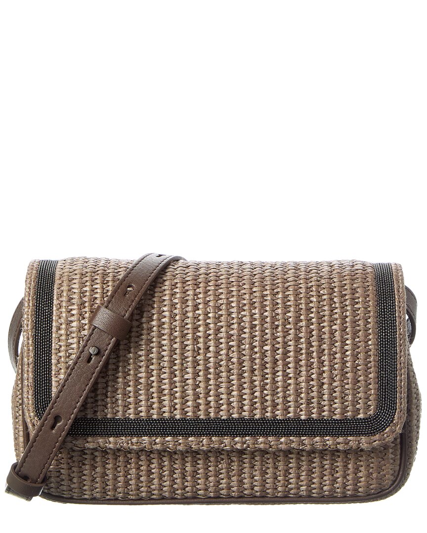 Brunello Cucinelli Straw & Leather Shoulder Bag In Brown